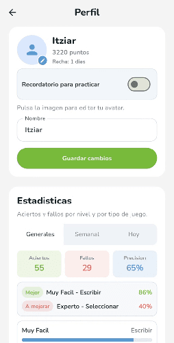 Pantalla de perfil y estadisticas